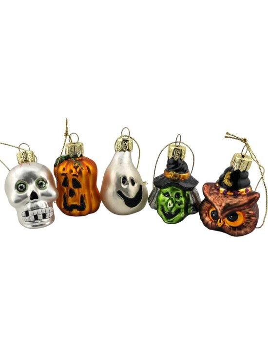 Lao-Mai Other - Set 5 Halloween Lao-Mai Glass Ornaments: Skull Pumpkin Ghost Witch & Owl Figures